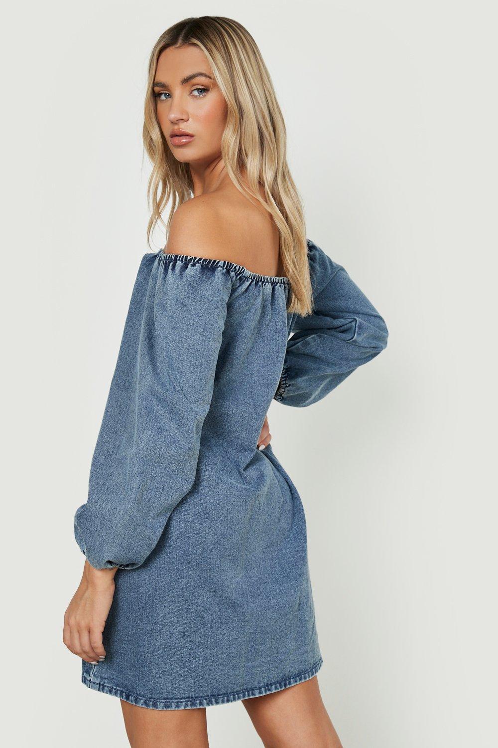 Boohoo off shoulder denim dress hotsell